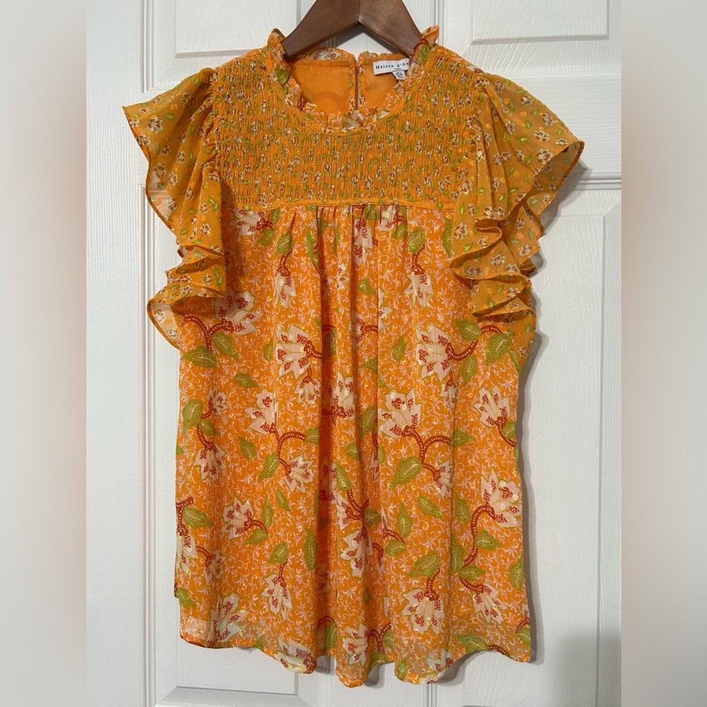 Anthropologie Maisen d Amelie Orange Floral Flutter Sleeve Smocked Blouse Top S